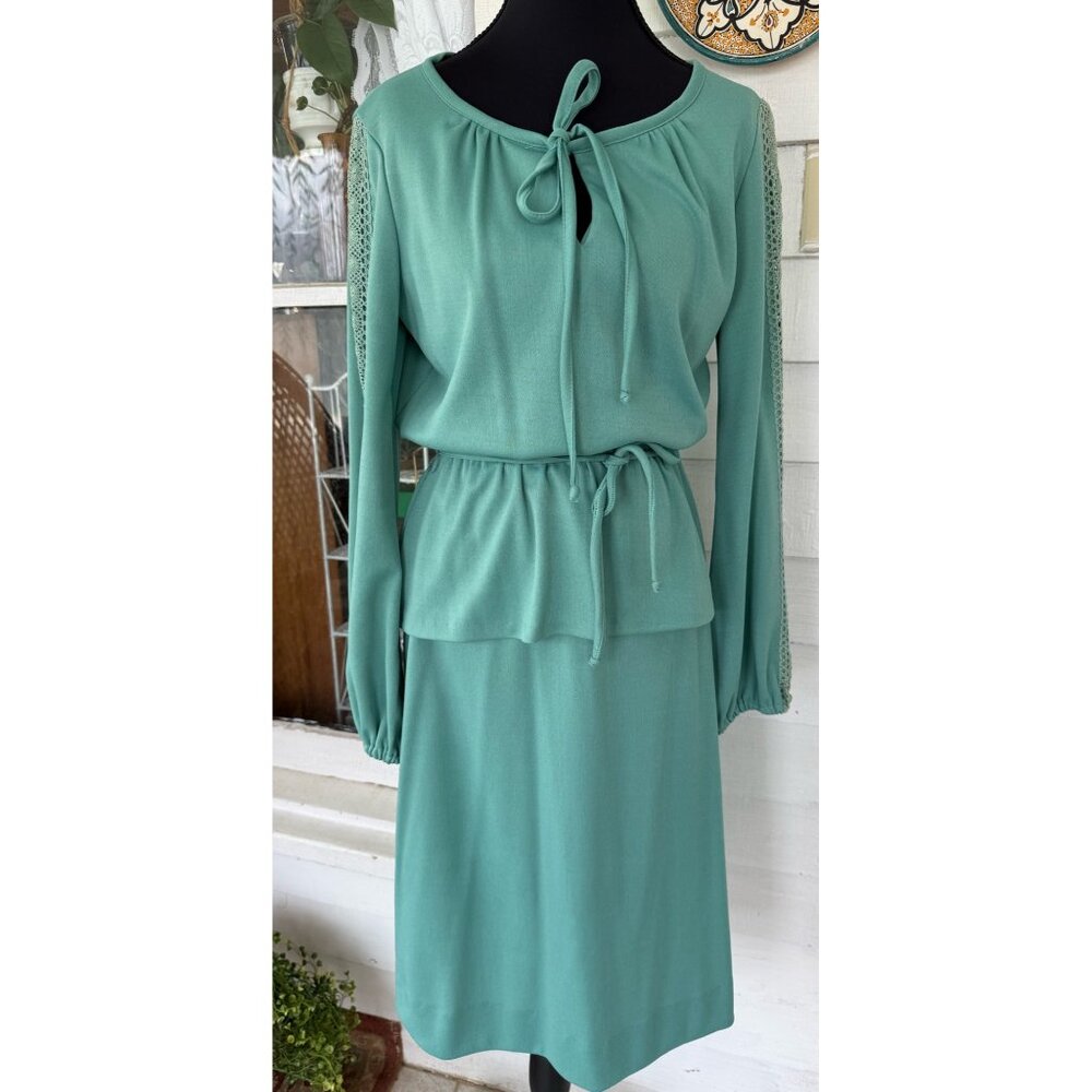 Vintage 70's Montgomery Wards Blouse Skirt Set Teal Green Size 10